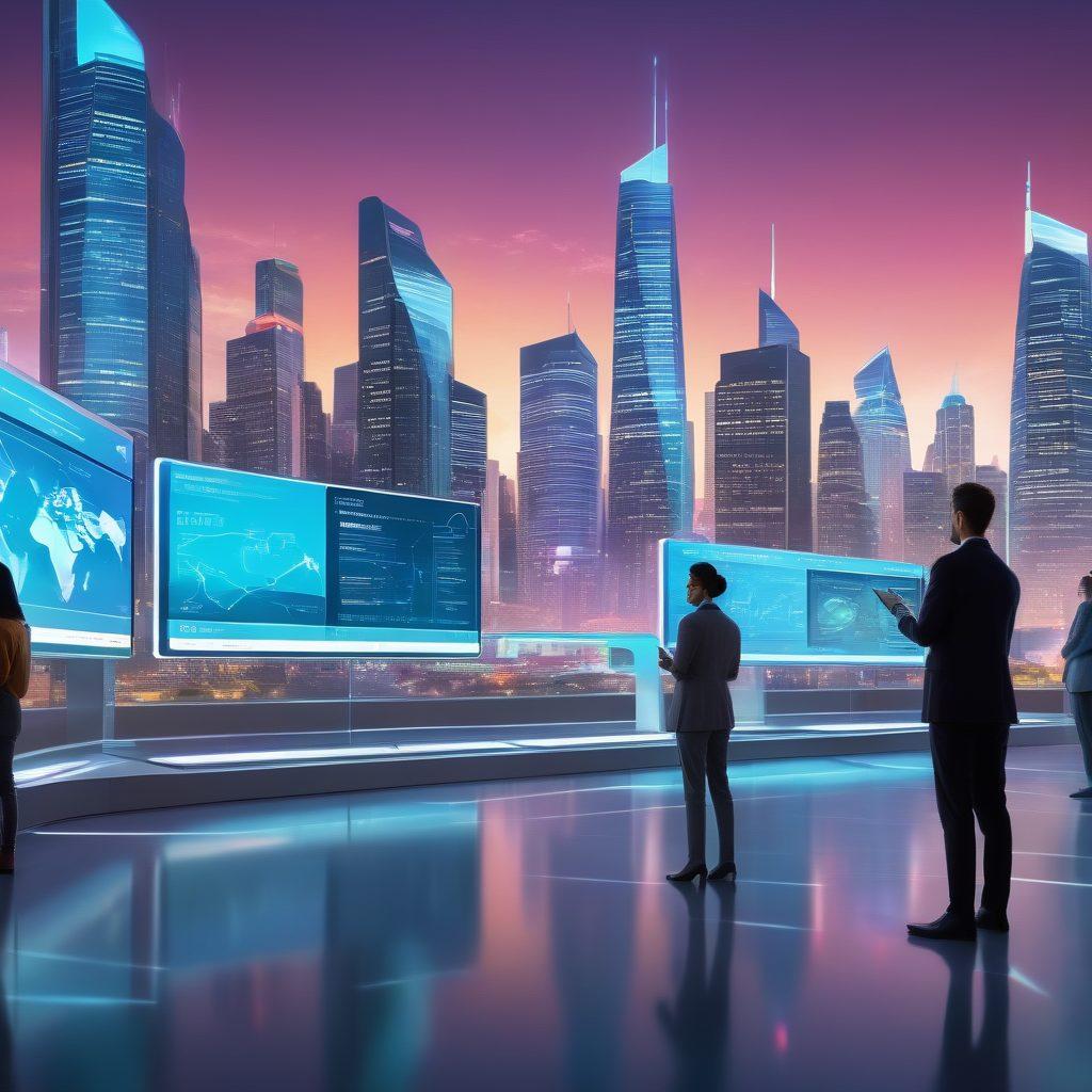 A futuristic landscape depicting a diverse group of people using digital devices to explore various online insurance options. Include holographic displays showcasing affordable and comprehensive coverage plans, with a city skyline in the background symbolizing security and innovation. The scene should be vibrant and optimistic, representing the blend of technology and personal finance. The color palette should be bright and engaging, evoking a sense of hope and trust in digital solutions. super-realistic. vibrant colors. futuristic style.