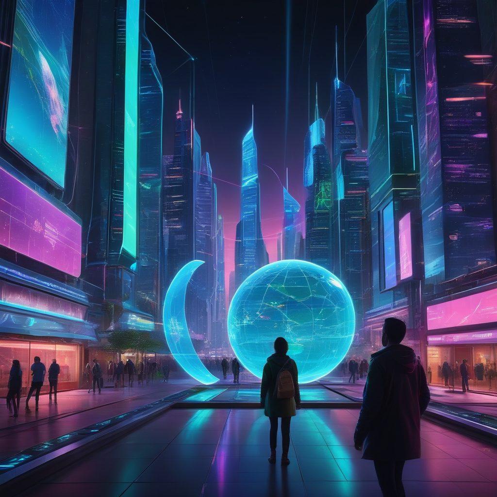 A futuristic city skyline with digital screens displaying various coverage options, interconnected by glowing data streams. A person is shown navigating through this vibrant landscape using a holographic device, surrounded by symbols of technology like satellites and Wi-Fi signals. The scene embodies the essence of digital navigation and connectivity. cyberpunk. vibrant colors. 3D.